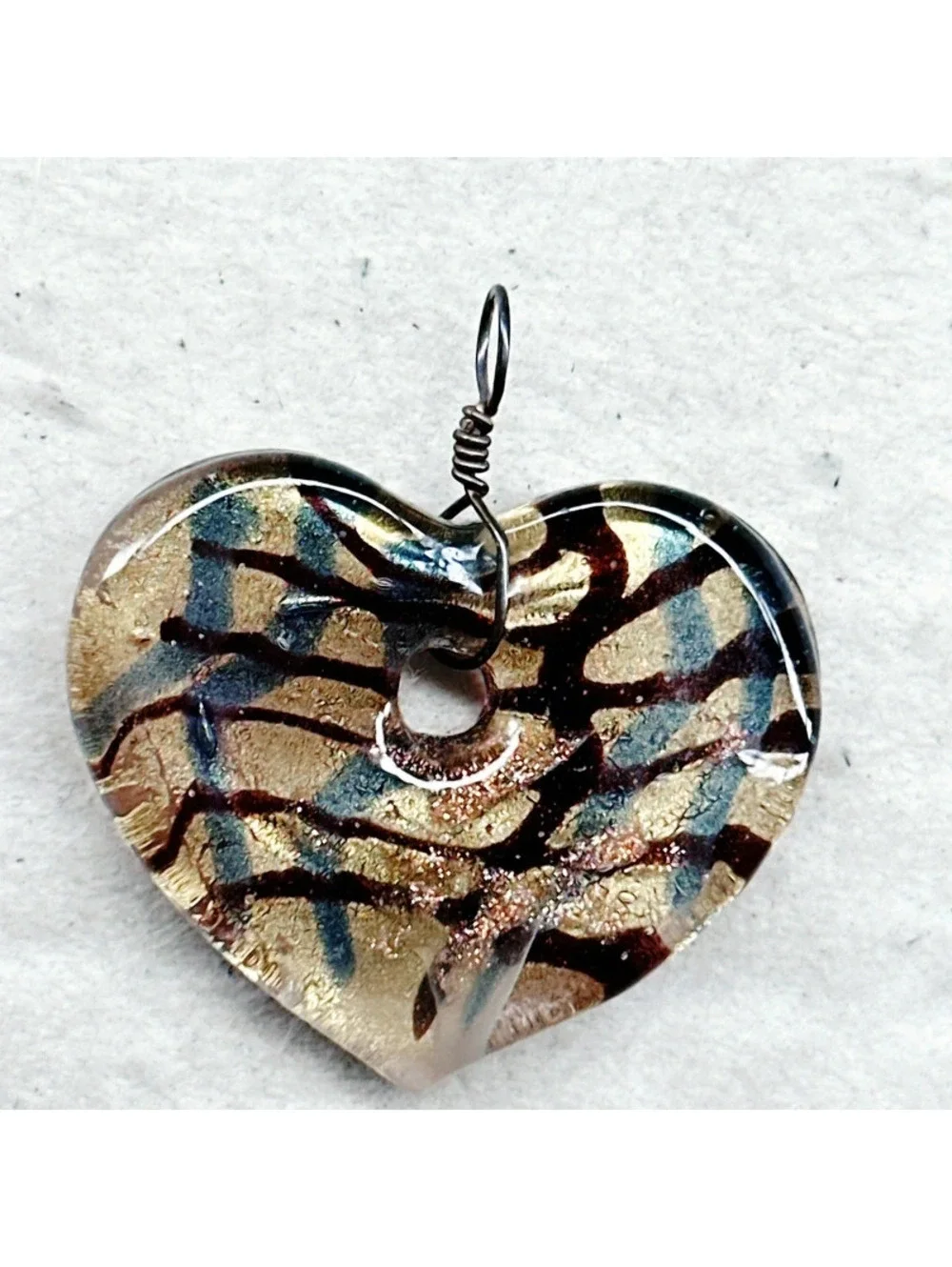 339u. Bronze Heart Art Glass Pendant